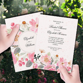 ピンクウォーターカラーフローラブライダルシャワー 招待状