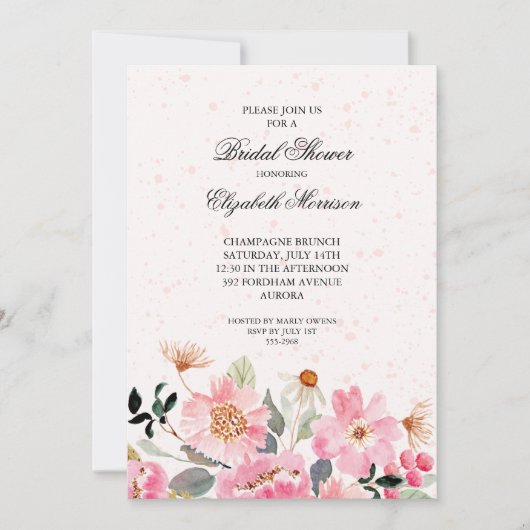 ピンクウォーターカラーフローラブライダルシャワー 招待状 (正面)