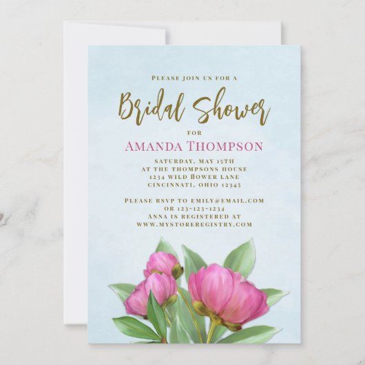 ピンクウォーターカラーフローラブライダルシャワー 招待状 (正面)