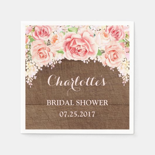 ピンクウォーターカラーフローラブラウンウッドブライダルシャワー スタンダードカクテルナプキン (正面)