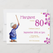 ピンクウォーターカラーフローラブラックウーマン80誕生日 招待状 (正面)