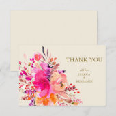 ピンクウォーターカラーフローラブーケカスタムウェディングフラット サンキューカード (正面/裏面)