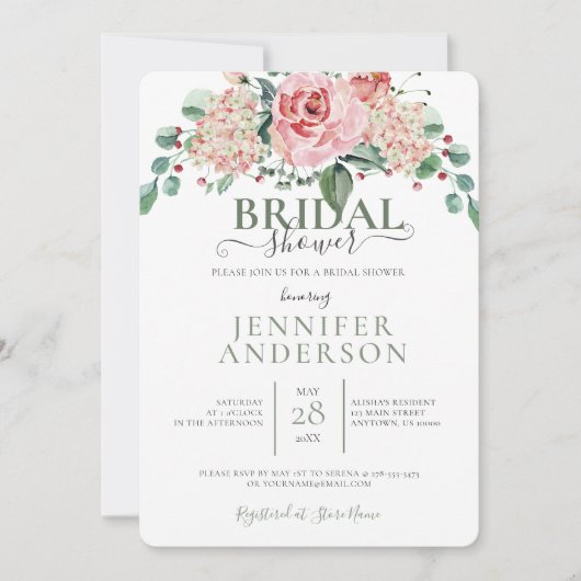 ピンクウォーターカラーフローラブーケブライダルシャワーInvit 招待状 (正面)