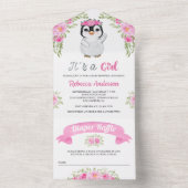 ピンクウォーターカラーフローラペンギンベビーシャワー オールインワン招待状 (内側)