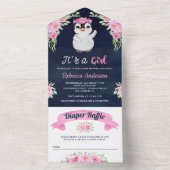 ピンクウォーターカラーフローラペンギン海軍ベビーシャワー オールインワン招待状 (内側)