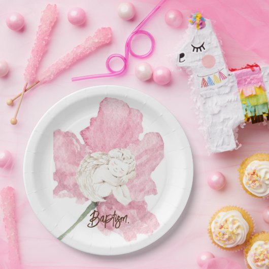 ピンクウォーターカラーフローラホワイトチャイルドエンジェルバプテスマ ペーパープレート (パーティー)
