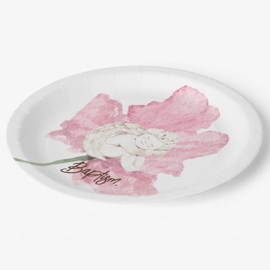 ピンクウォーターカラーフローラホワイトチャイルドエンジェルバプテスマ ペーパープレート (アングル)