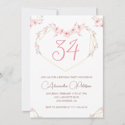 ピンクウォーターカラーフローラボホ34歳の誕生日 招待状 (正面)