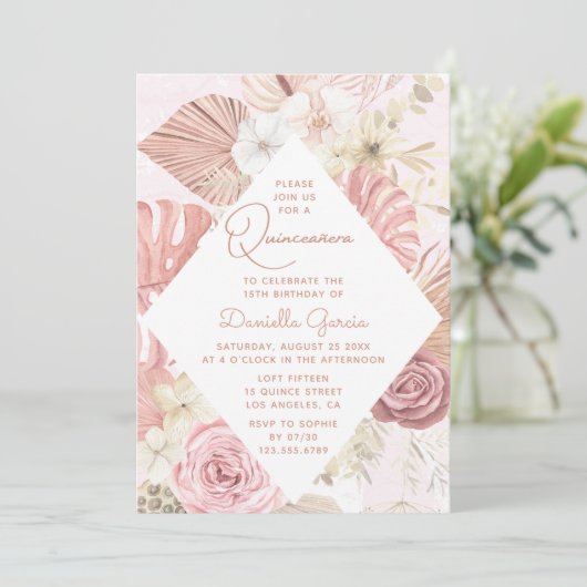 ピンクウォーターカラーフローラモダンキンセ素朴ーニェラ 招待状 (スタンド正面)