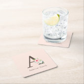 ピンクウォーターカラーフローラモノグラム スクエアペーパーコースター (インサイチュ)