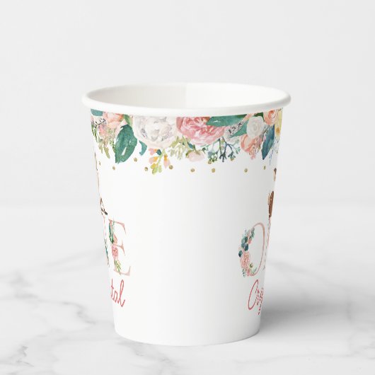 ピンクウォーターカラーフローラリトルディアファースト誕生日 紙コップ (左)