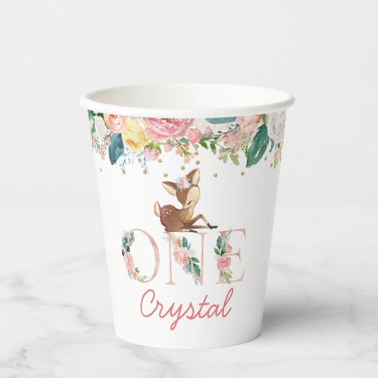 ピンクウォーターカラーフローラリトルディアファースト誕生日 紙コップ (正面)