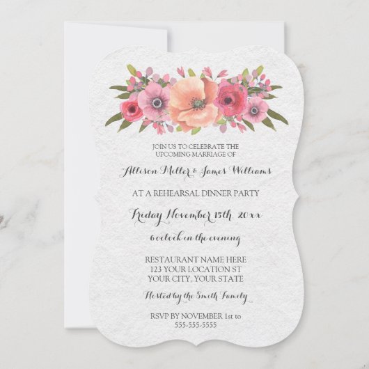 ピンクウォーターカラーフローラリハーサルディナーパーティー 招待状 (裏面)
