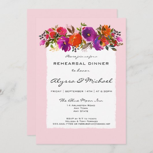 ピンクウォーターカラーフローラリハーサルディナー招待状 招待状 (正面/裏面)