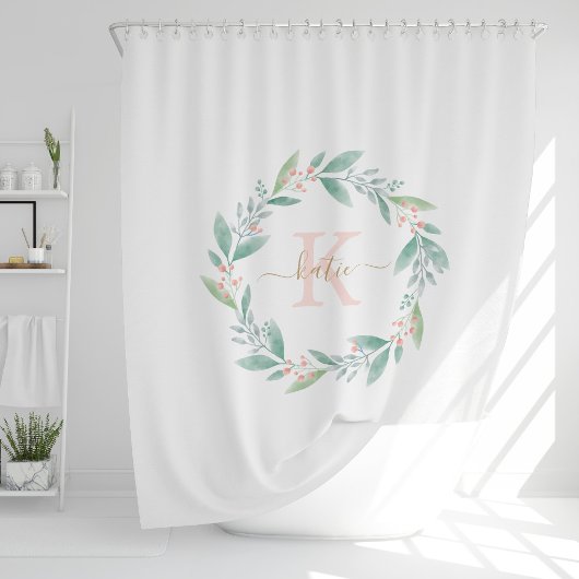 ピンクウォーターカラーフローラリースモノグラム シャワーカーテン