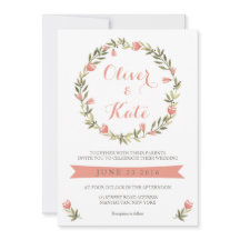 ピンクウォーターカラーフローラリース結婚式招待状