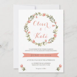 ピンクウォーターカラーフローラリース結婚式招待状 招待状