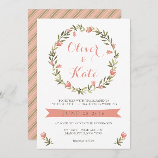 ピンクウォーターカラーフローラリース結婚式招待状 招待状 (正面/裏面)