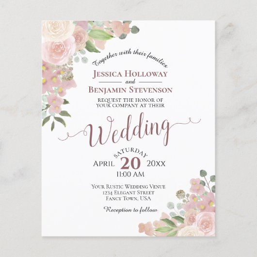 ピンクウォーターカラーフローラ予算結婚式招待状 (正面)