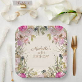 ピンクウォーターカラーフローラ任意の年齢誕生日 ペーパープレート