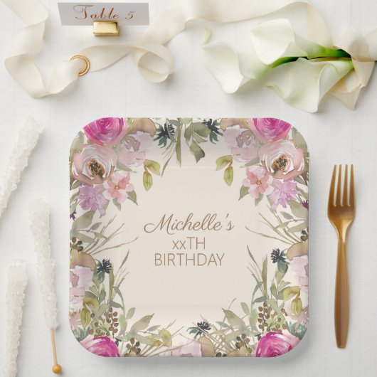 ピンクウォーターカラーフローラ任意の年齢誕生日 ペーパープレート (ウェディング)