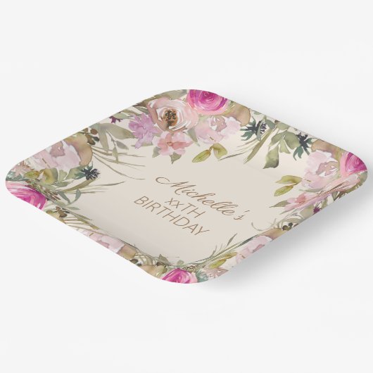 ピンクウォーターカラーフローラ任意の年齢誕生日 ペーパープレート (傾斜あり)