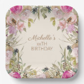ピンクウォーターカラーフローラ任意の年齢誕生日 ペーパープレート (正面)