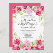 ピンクウォーターカラーフローラ小さな女の子10誕生日 招待状 (正面/裏面)