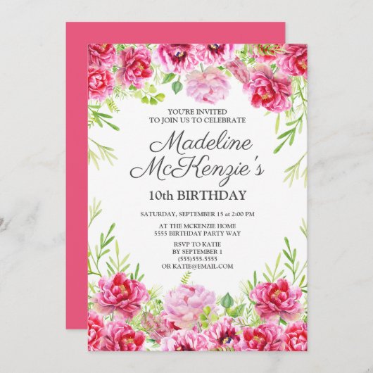 ピンクウォーターカラーフローラ小さな女の子10誕生日 招待状 (正面/裏面)