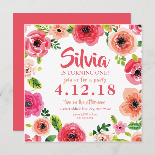 ピンクウォーターカラーフローラ招待状 招待状 (正面/裏面)