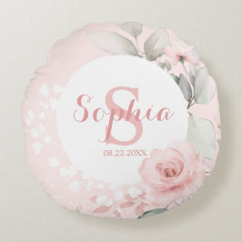 ピンクウォーターカラーフローラ水玉模様ガール子供部屋 ラウンドクッション