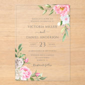 ピンクウォーターカラーフローラ牡丹エレガントな結婚式 アクリル招待状 (正面)