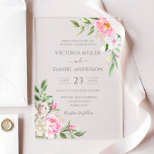 ピンクウォーターカラーフローラ牡丹エレガントな結婚式 アクリル招待状