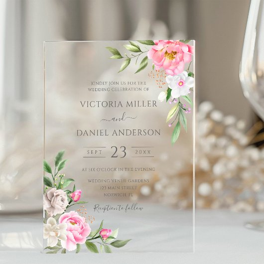 ピンクウォーターカラーフローラ牡丹エレガントな結婚式 アクリル招待状