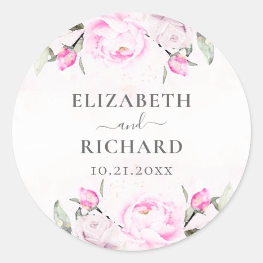 ピンクウォーターカラーフローラ牡丹エレガントな結婚式 ラウンドシール (正面)