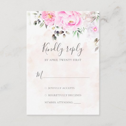 ピンクウォーターカラーフローラ牡丹エレガントな結婚式 出欠カード (正面)