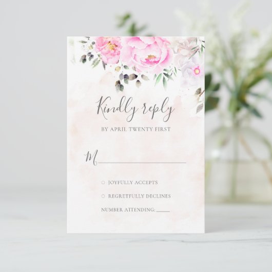 ピンクウォーターカラーフローラ牡丹エレガントな結婚式 出欠カード (スタンド正面)