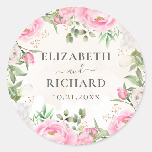 ピンクウォーターカラーフローラ牡丹エレガント結婚式 ラウンドシール (正面)