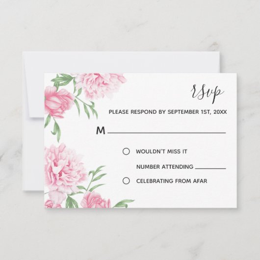 ピンクウォーターカラーフローラ牡丹 | RSVP 招待状 (正面)