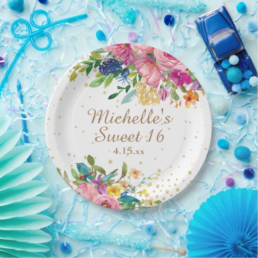 ピンクウォーターカラーフローラ金ゴールドグリッタースイーツ16 ペーパープレート (パーティー)