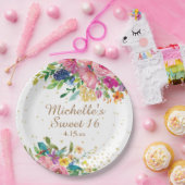 ピンクウォーターカラーフローラ金ゴールドグリッタースイーツ16 ペーパープレート (パーティー)