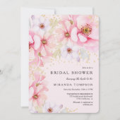 ピンクウォーターカラーフローラ金ゴールドグリッターブライダルシャワー 招待状 (正面)