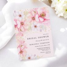 ピンクウォーターカラーフローラ金ゴールドグリッターブライダルシャワー