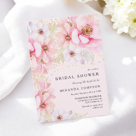 ピンクウォーターカラーフローラ金ゴールドグリッターブライダルシャワー 招待状