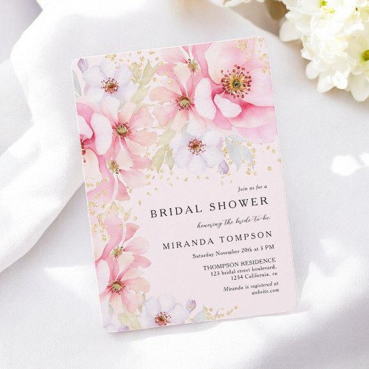 ピンクウォーターカラーフローラ金ゴールドグリッターブライダルシャワー 招待状
