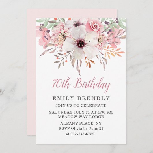 ピンクウォーターカラーフローラ70thバースデーパーティー招待状 招待状 (正面/裏面)