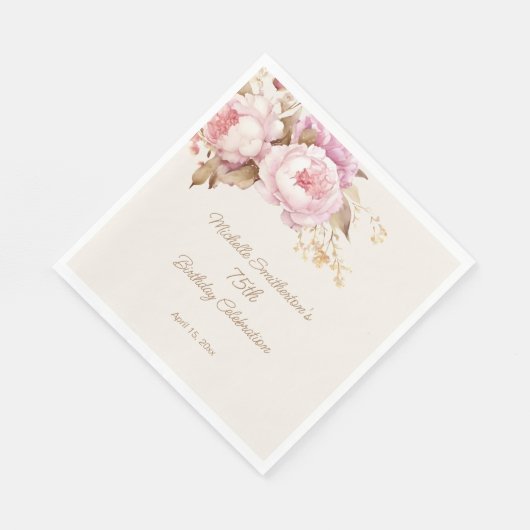 ピンクウォーターカラーフローラ75誕生日 スタンダードランチョンナプキン (角)