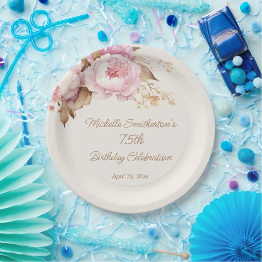 ピンクウォーターカラーフローラ75誕生日 ペーパープレート (パーティー)