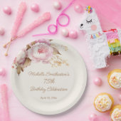ピンクウォーターカラーフローラ75誕生日 ペーパープレート (パーティー)