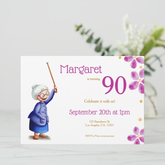 ピンクウォーターカラーフローラ90誕生日祖母 招待状 (スタンド正面)